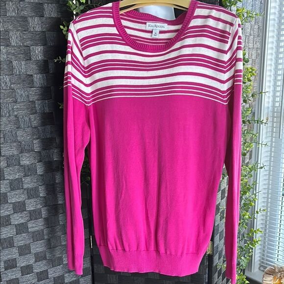 Kim Rogers Pink and White Crew Neck Sweater - Picture 1 of 6
